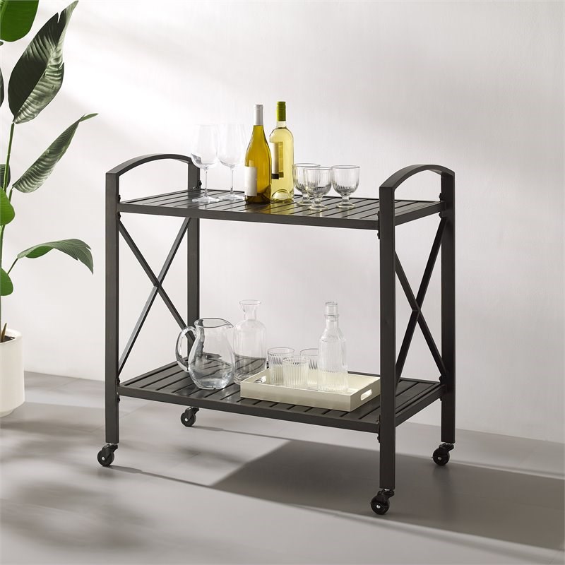 Pemberly Row Metal Outdoor Bar Cart in Oil Rubbed Bronze Finish