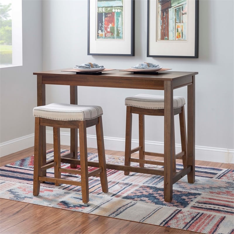 Pemberly Row 3-Piece Counter Dining Set Padded Beige Striped Seats in Brown