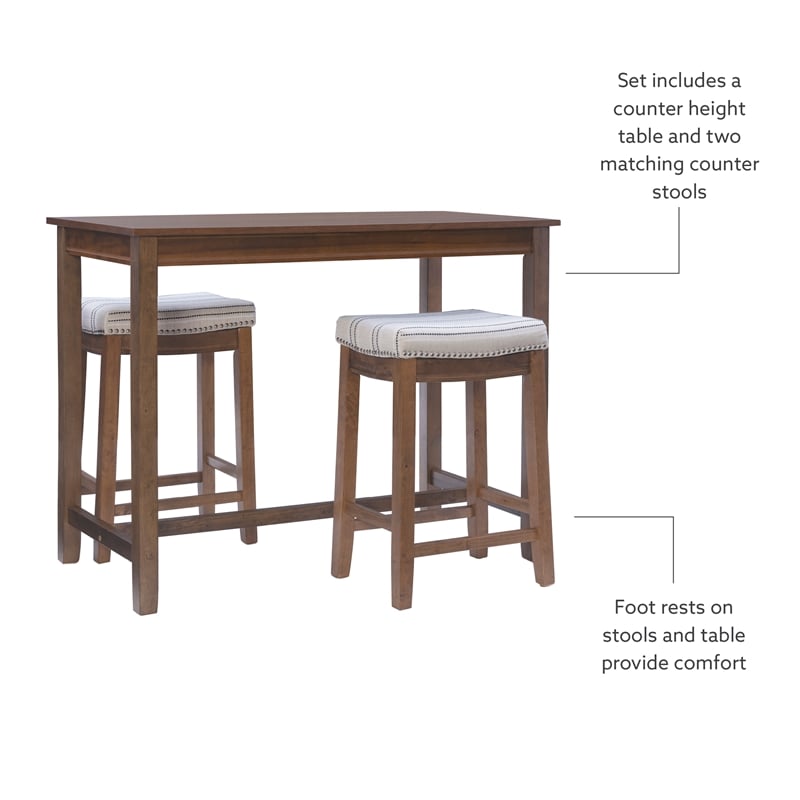 Pemberly Row 3-Piece Counter Dining Set Padded Beige Striped Seats in Brown