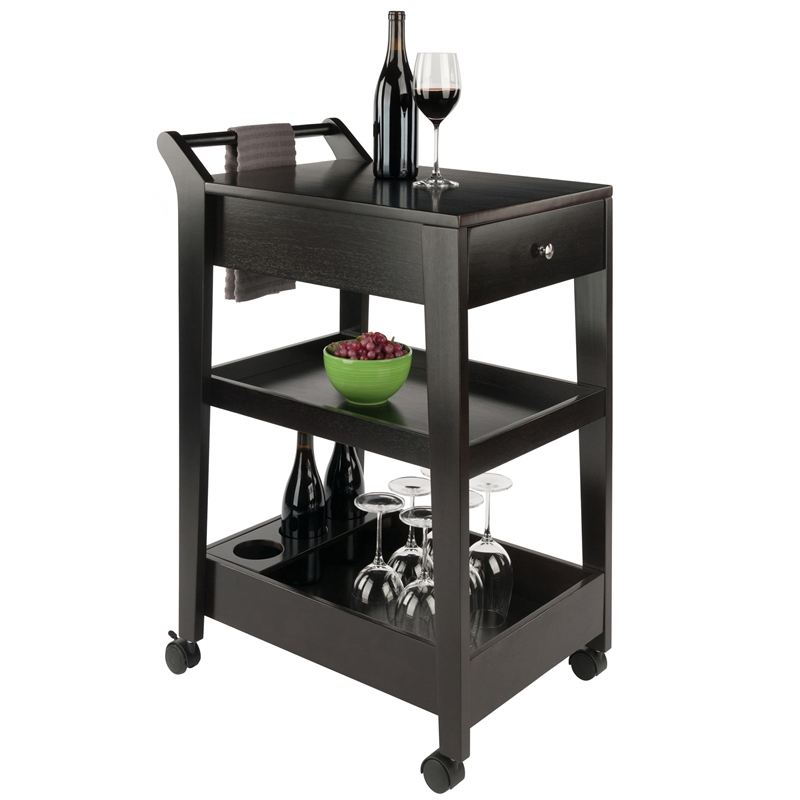 Pemberly Row Solid Wood Bar Cart in Espresso Finish with Drawers