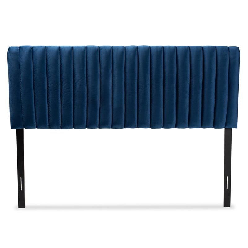 Pemberly Row Navy Blue Velvet Full-Size Headboard with Dark Brown Legs