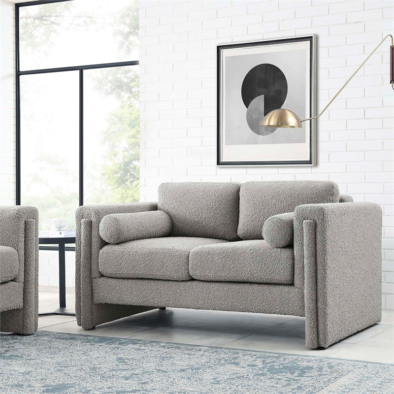 Pemberly Row Upholstered Boucle Fabric Loveseat in Light Gray
