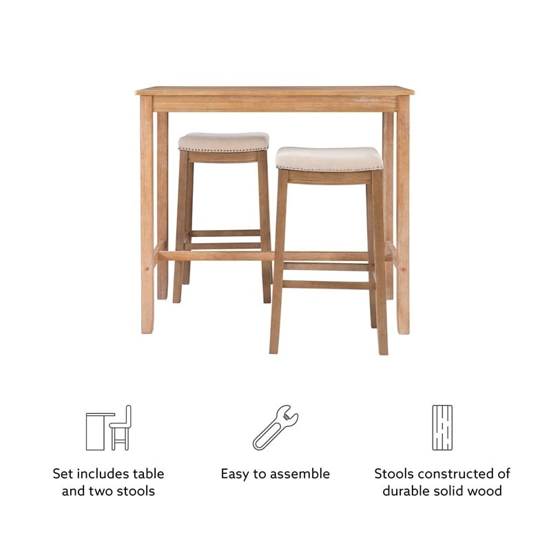 Pemberly Row 3-Piece Bar Dining Set with Upholstered Seats in Natural Brown