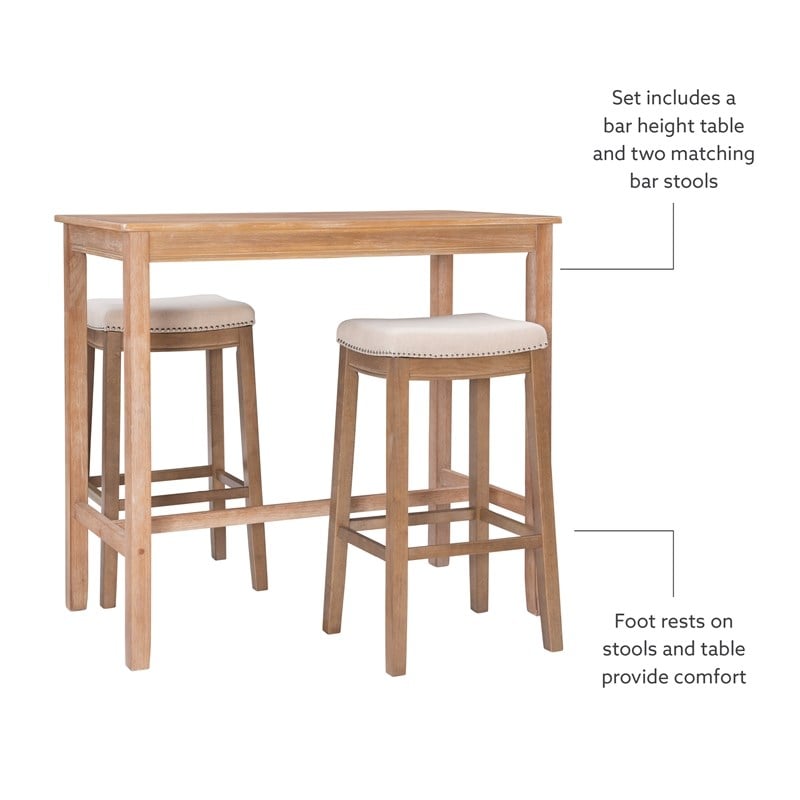Pemberly Row 3-Piece Bar Dining Set with Upholstered Seats in Natural Brown
