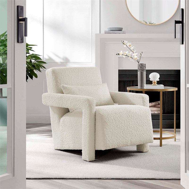 Pemberly Row Boucle Fabric Armchair with Spring Support in Ivory