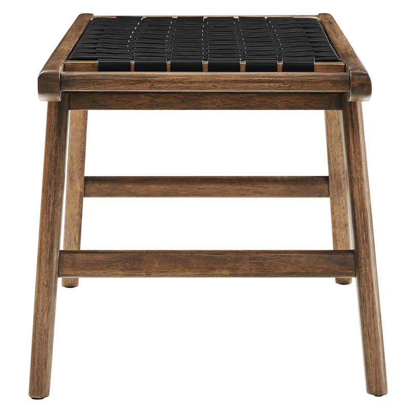 Pemberly Row Leather & Wood Bench with Woven Black Design in Walnut