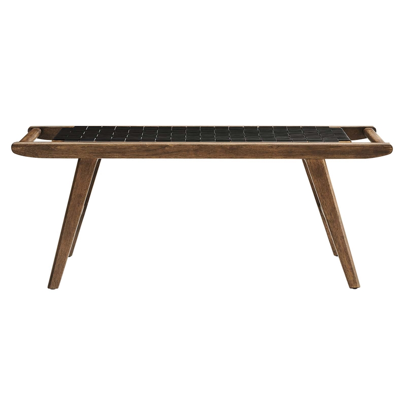Pemberly Row Leather & Wood Bench with Woven Black Design in Walnut