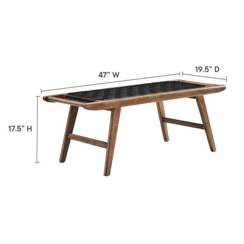 Pemberly Row Leather & Wood Bench with Woven Black Design in Walnut