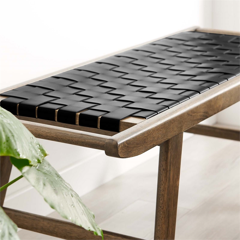 Pemberly Row Leather & Wood Bench with Woven Black Design in Walnut