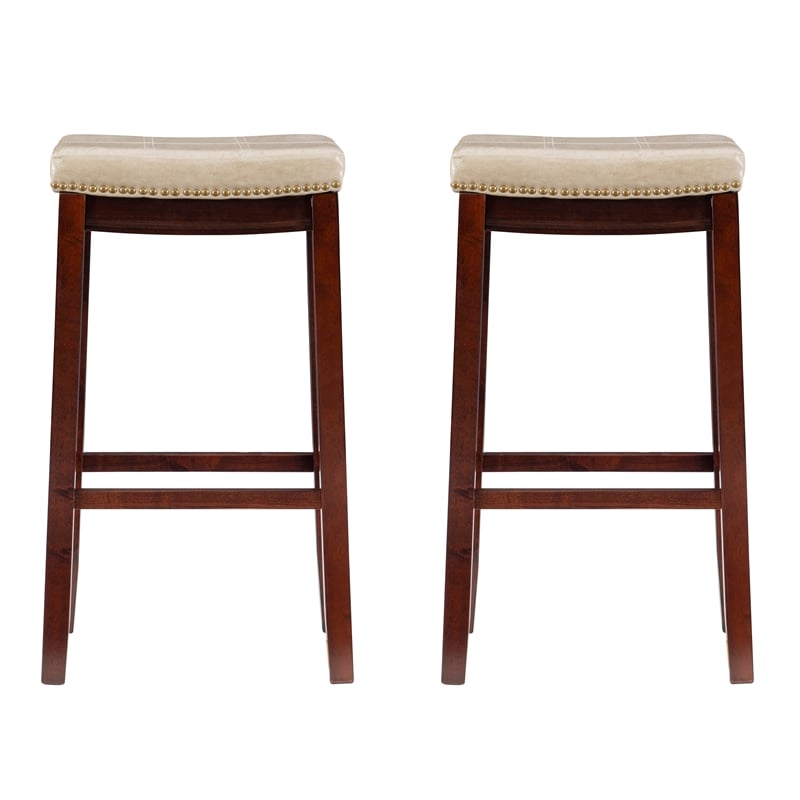Pemberly Row Set of 2 Bar Stools in Beige Faux Leather and Brown Wood