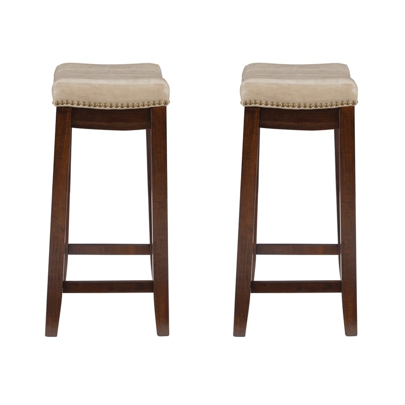 Pemberly Row Set of 2 Bar Stools in Beige Faux Leather and Brown Wood