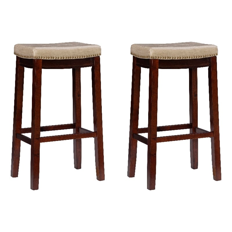 Pemberly Row Set of 2 Bar Stools in Beige Faux Leather and Brown Wood