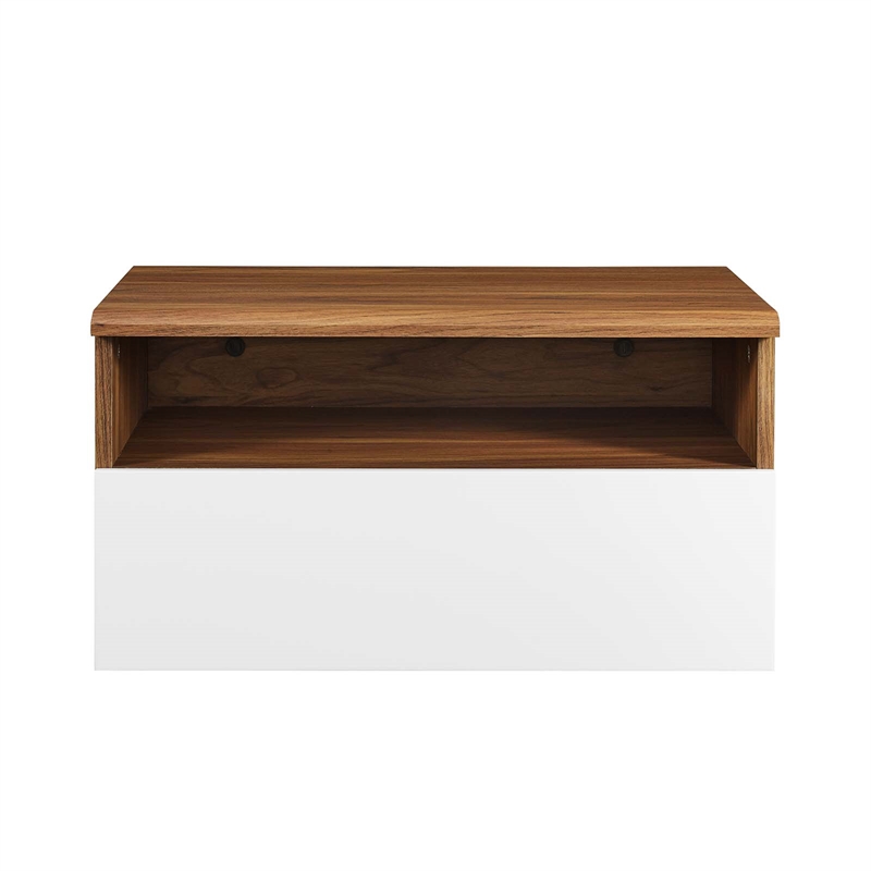 Pemberly Row 1-Shelf Wall-Mount Nightstand in Walnut and White Laminate