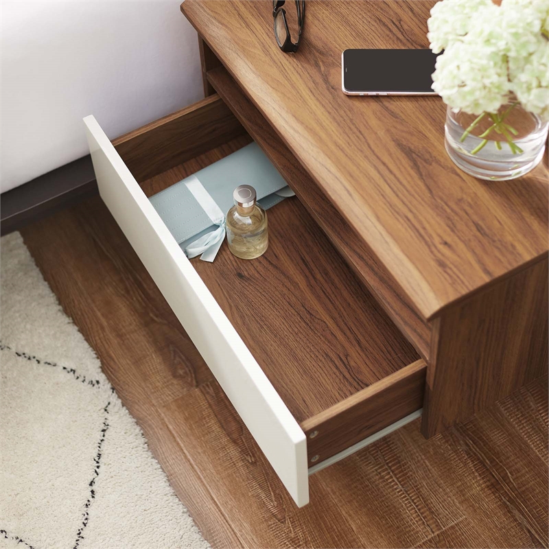 Pemberly Row 1-Shelf Wall-Mount Nightstand in Walnut and White Laminate