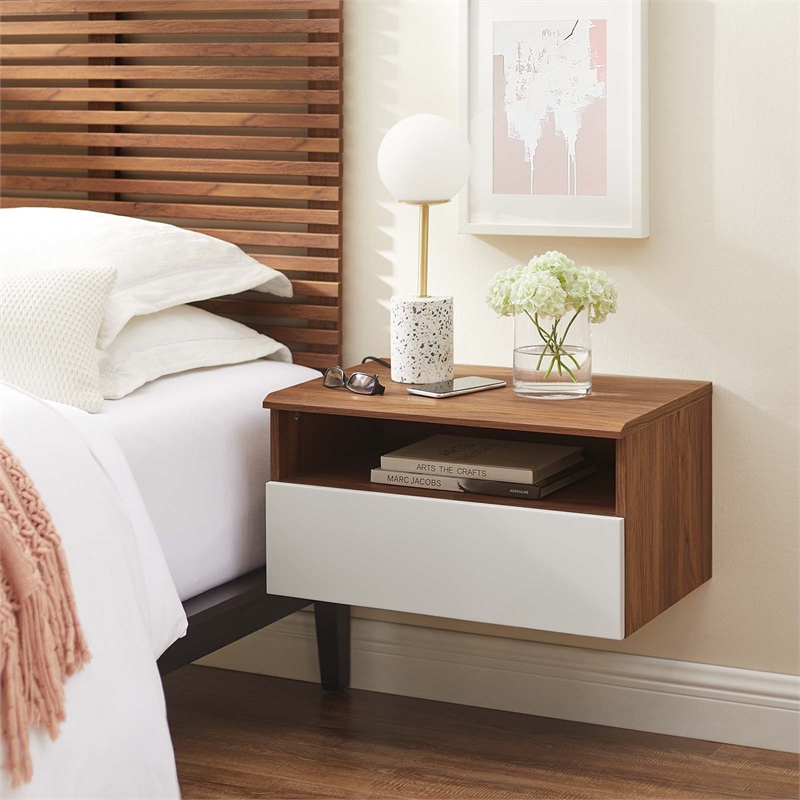 Pemberly Row 1-Shelf Wall-Mount Nightstand in Walnut and White Laminate