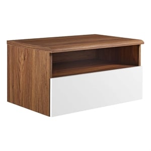 Pemberly Row 1-Shelf Wall-Mount Nightstand in Walnut and White Laminate