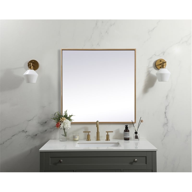 Pemberly Row Square Modern Vanity Mirror in Metal and MDF Brass Finish