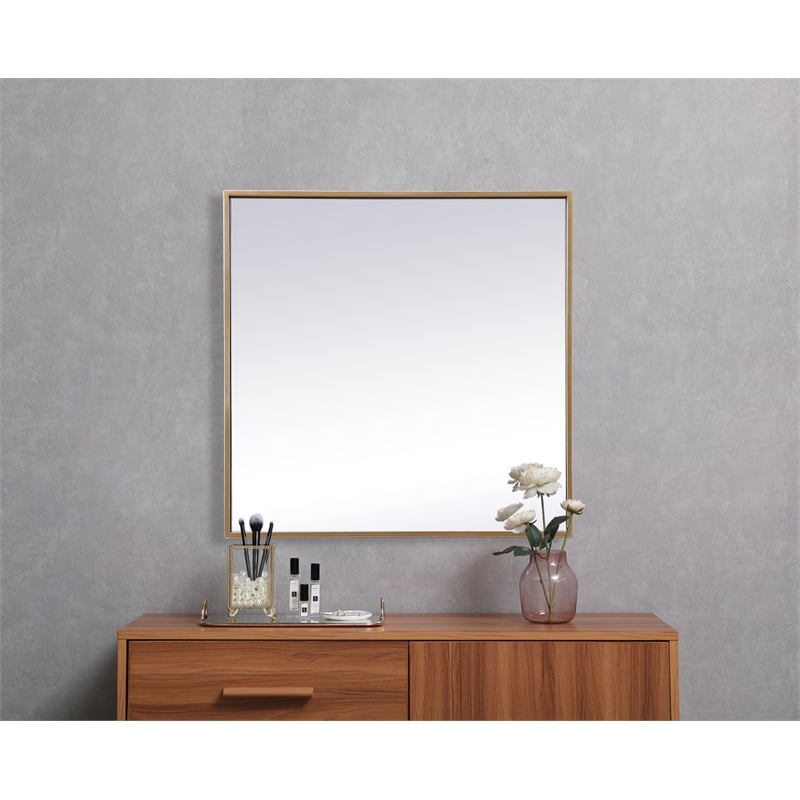 Pemberly Row Square Modern Vanity Mirror in Metal and MDF Brass Finish