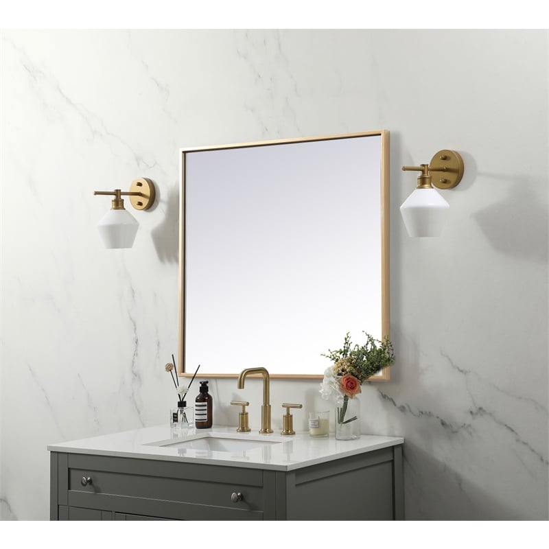 Pemberly Row Square Modern Vanity Mirror in Metal and MDF Brass Finish