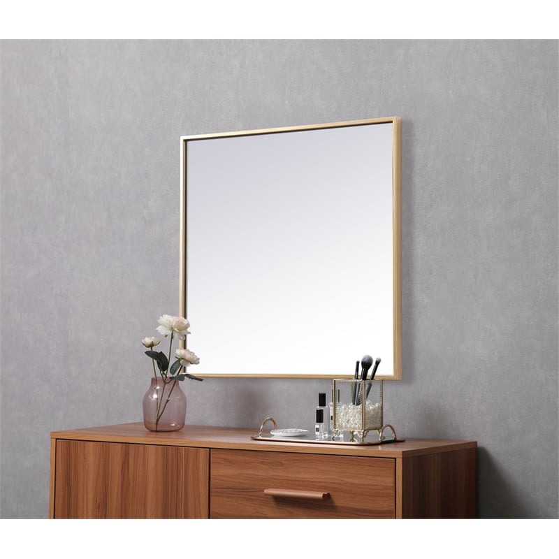 Pemberly Row Square Modern Vanity Mirror in Metal and MDF Brass Finish