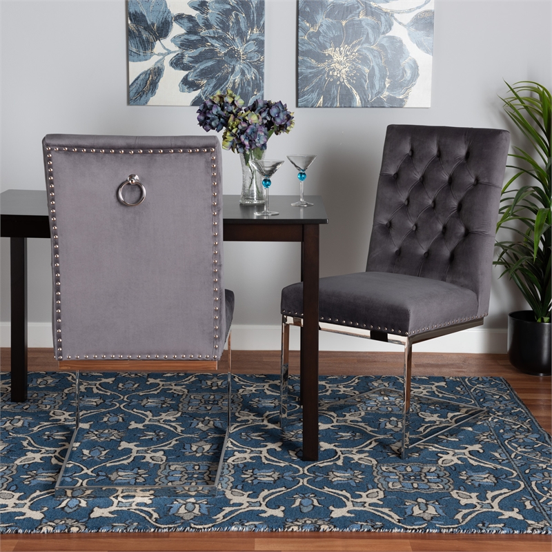 Pemberly Row 2-Piece Dining Chair Set with Gray Velvet Upholstery