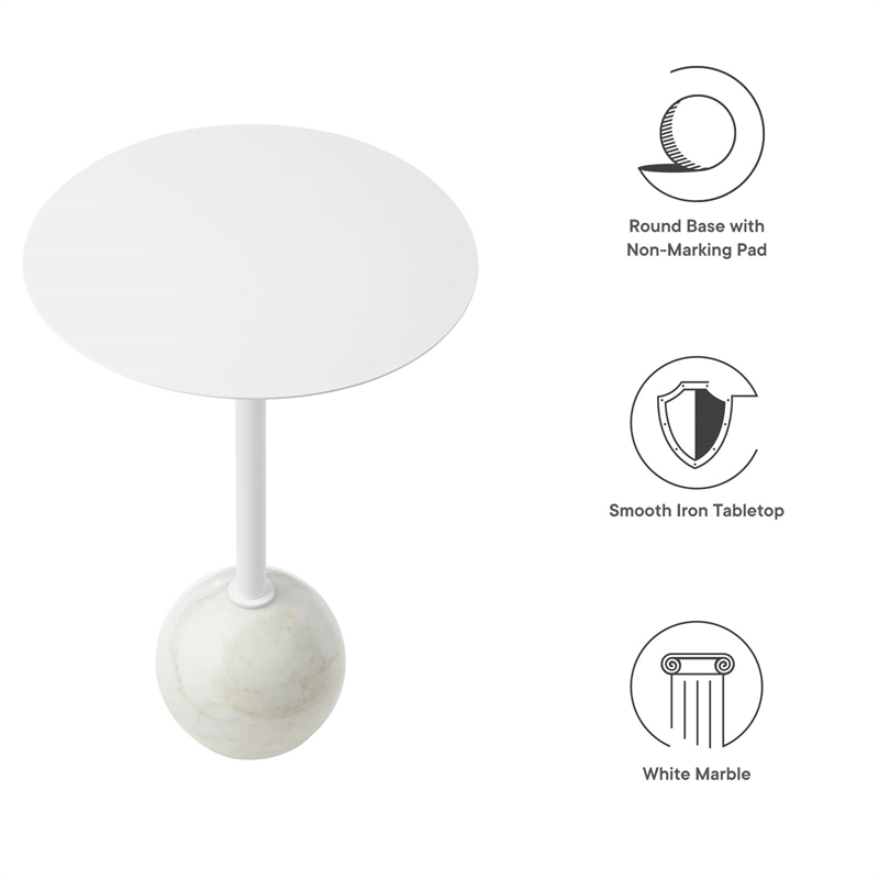 Pemberly Row Side Table Round Iron Metal and Marble White Finish