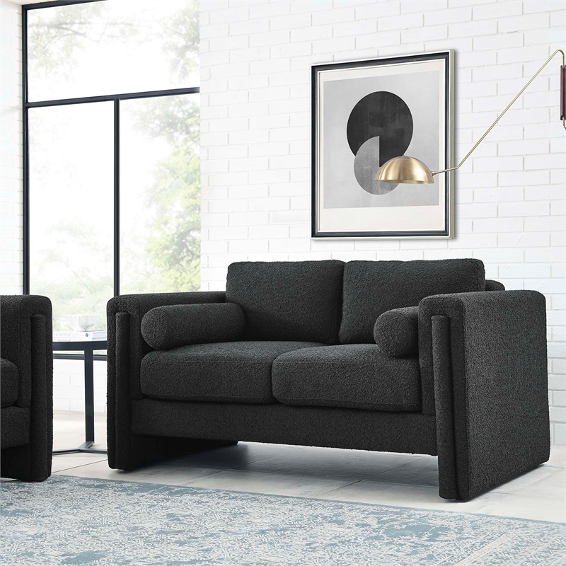 Pemberly Row Upholstered Boucle Fabric Loveseat with Pocket Coils in Black