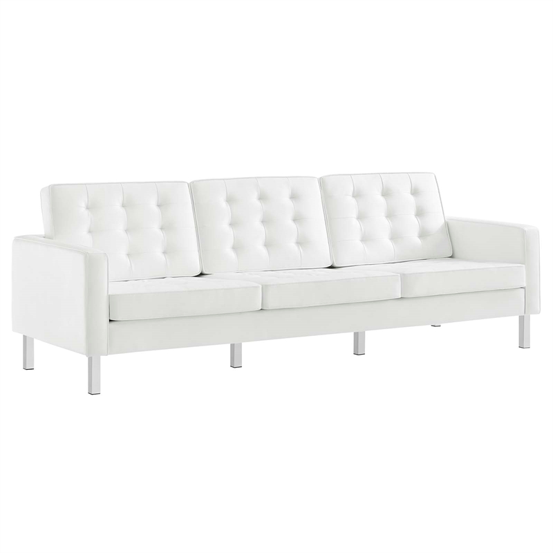 Pemberly Row Tufted Vegan Leather Sofa with Ottoman in White & Silver