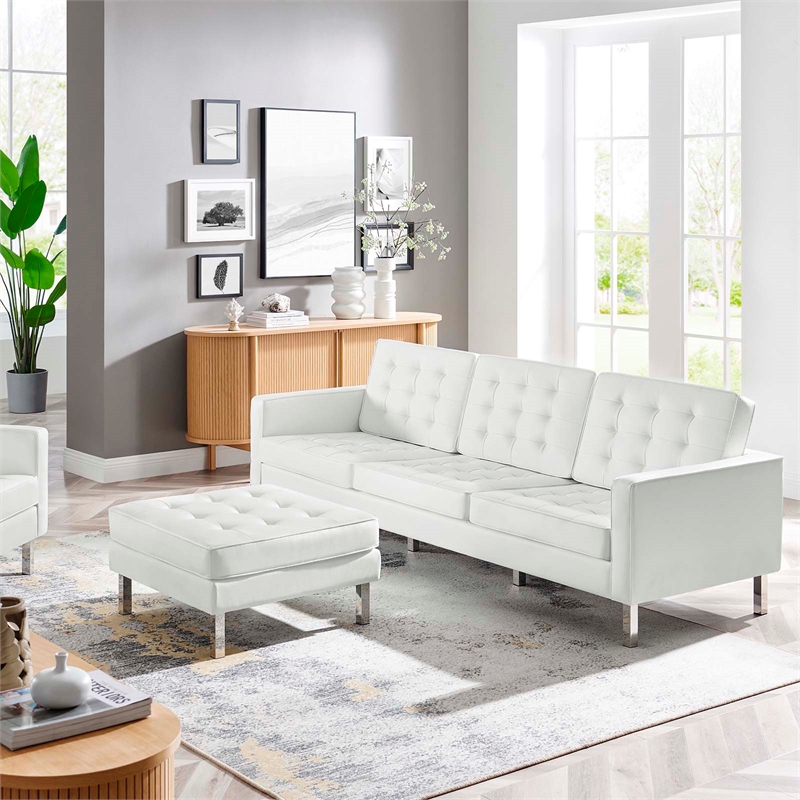 Pemberly Row Tufted Vegan Leather Sofa with Ottoman in White & Silver