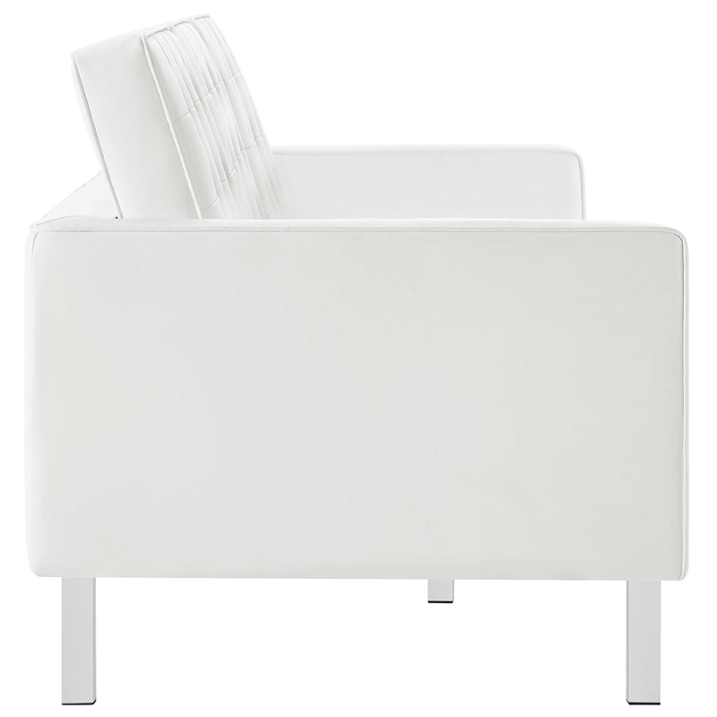 Pemberly Row Tufted Vegan Leather Sofa with Ottoman in White & Silver