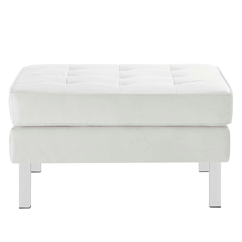 Pemberly Row Tufted Vegan Leather Sofa with Ottoman in White & Silver