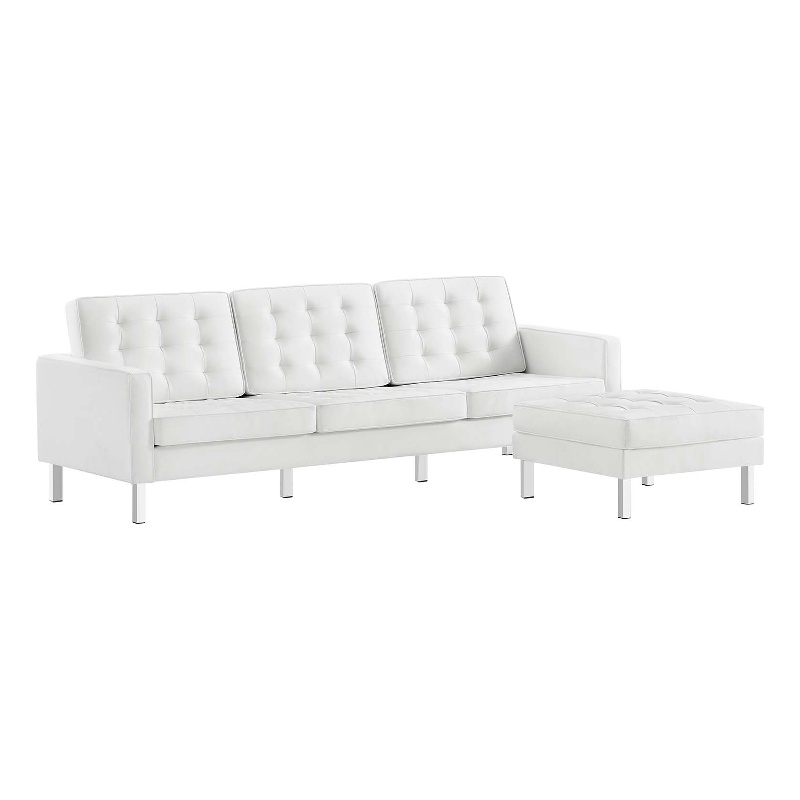 Pemberly Row Tufted Vegan Leather Sofa with Ottoman in White & Silver