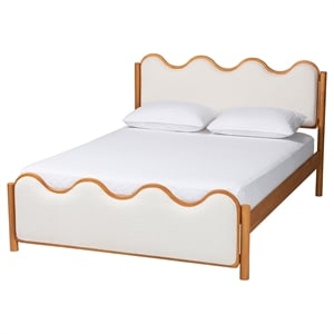 Pemberly Row Queen Platform Bed in Cream Boucle and Solid Rubberwood