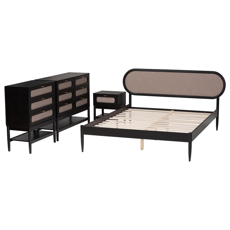 Pemberly Row Queen Beige Fabric 4-Piece Bedroom Set in Black Wood