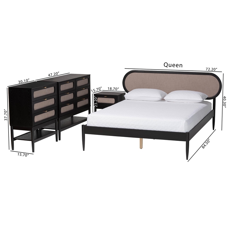 Pemberly Row Queen Beige Fabric 4-Piece Bedroom Set in Black Wood