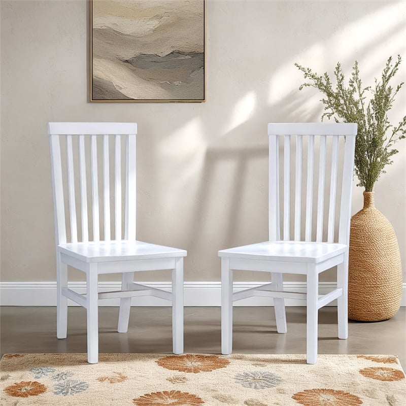 Pemberly Row Slat Back Rubberwood Chairs Set of 2 in White Lacquer