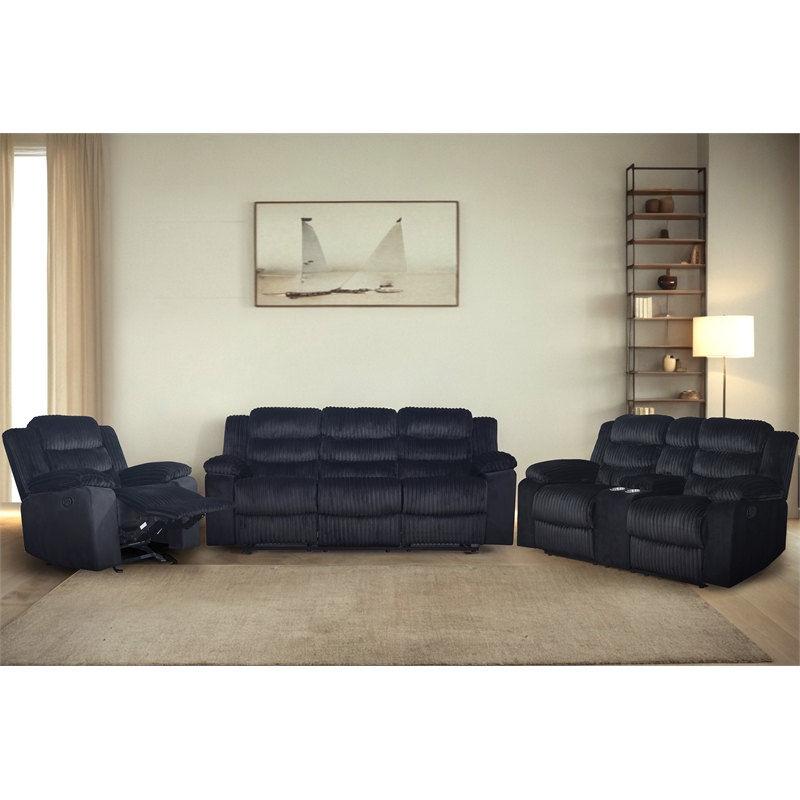 Pemberly Row 3-Piece Reclining Living Room Set with Fabric in Black