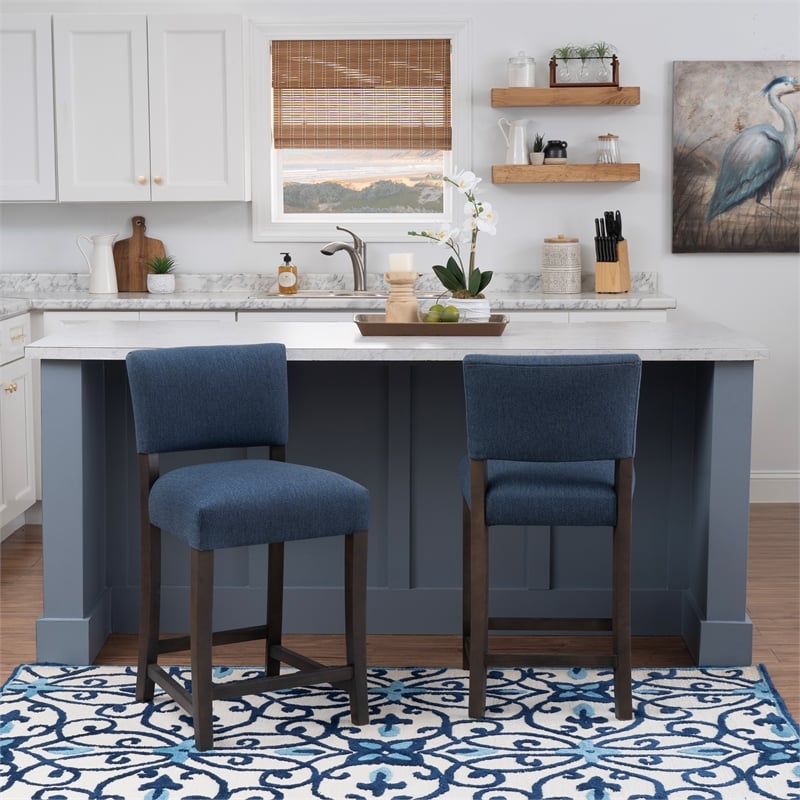Pemberly Row Set of 2 Blue Upholstered Counter Stools in Brown Maple Wood