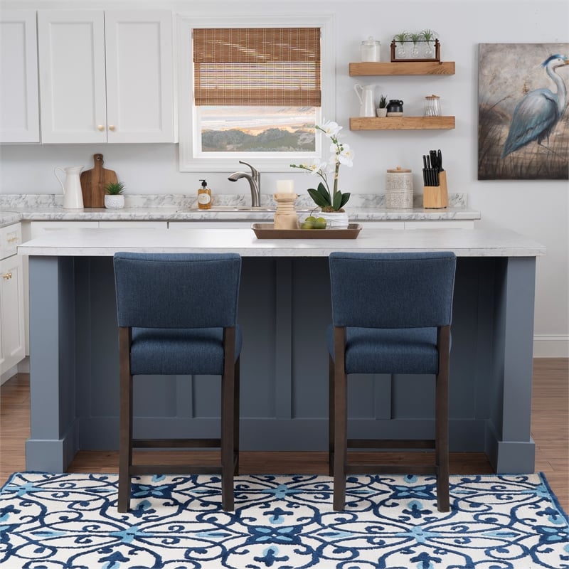 Pemberly Row Set of 2 Blue Upholstered Counter Stools in Brown Maple Wood