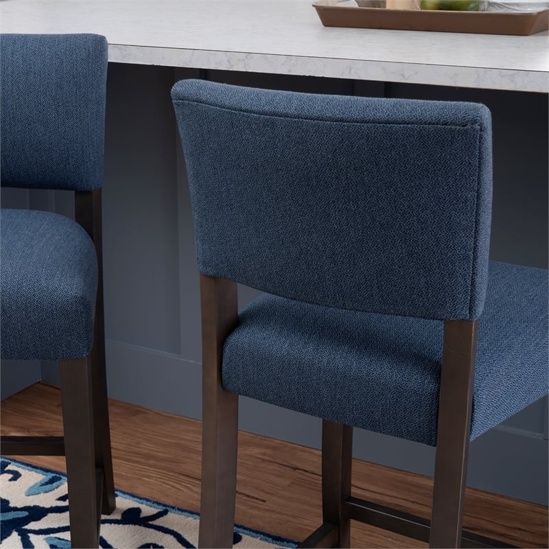Pemberly Row Set of 2 Blue Upholstered Counter Stools in Brown Maple Wood