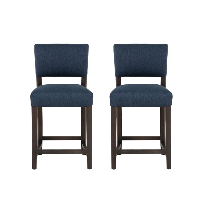 Pemberly Row Set of 2 Blue Upholstered Counter Stools in Brown Maple Wood