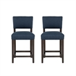Pemberly Row Set of 2 Blue Upholstered Counter Stools in Brown Maple Wood