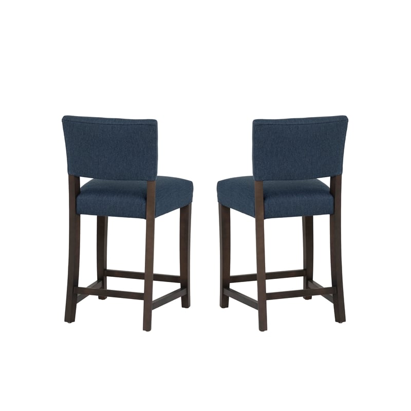 Pemberly Row Set of 2 Blue Upholstered Counter Stools in Brown Maple Wood
