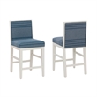 Pemberly Row Set of 2 Blue Striped Upholstered Counter Stools in White Wood
