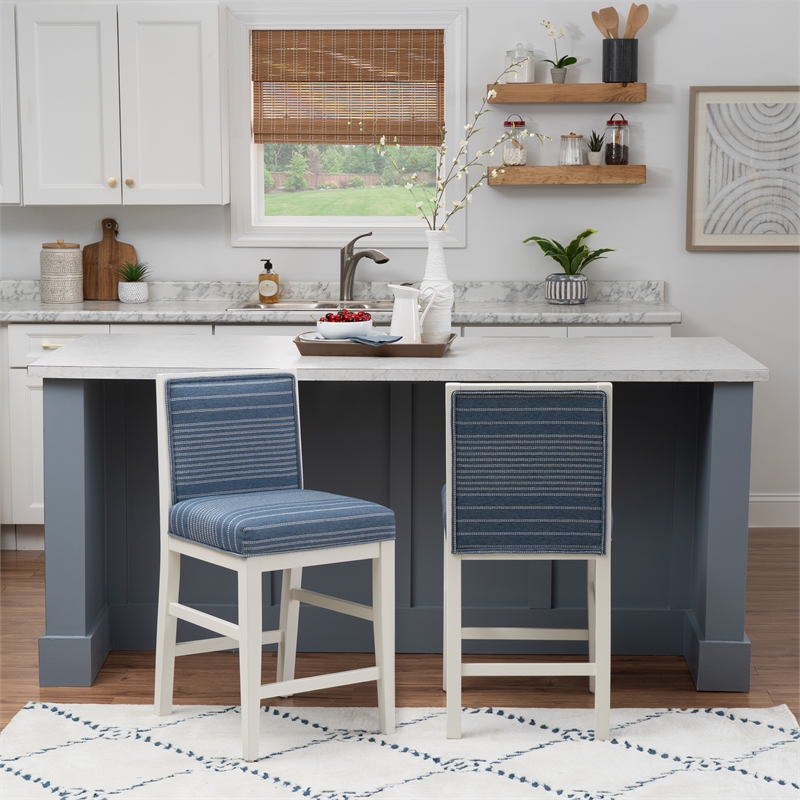 Pemberly Row Set of 2 Blue Striped Upholstered Counter Stools in White Wood
