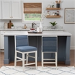 Pemberly Row Set of 2 Blue Striped Upholstered Counter Stools in White Wood