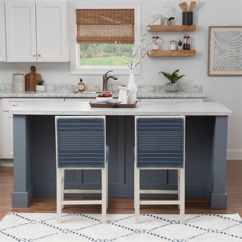 Pemberly Row Set of 2 Blue Striped Upholstered Counter Stools in White Wood