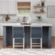 Pemberly Row Set of 2 Blue Striped Upholstered Counter Stools in White Wood