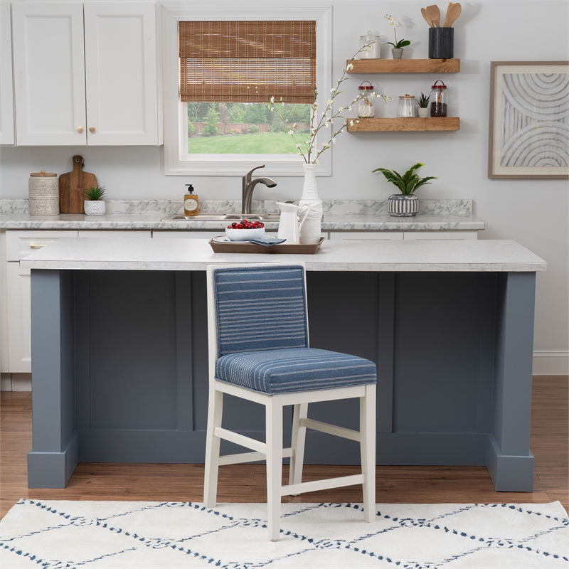 Pemberly Row Set of 2 Blue Striped Upholstered Counter Stools in White Wood