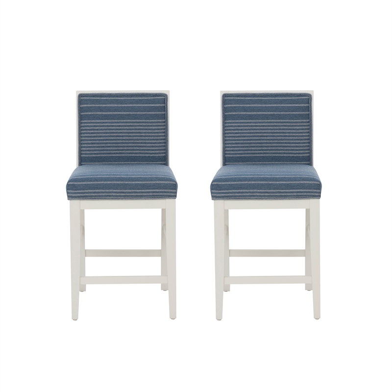 Pemberly Row Set of 2 Blue Striped Upholstered Counter Stools in White Wood